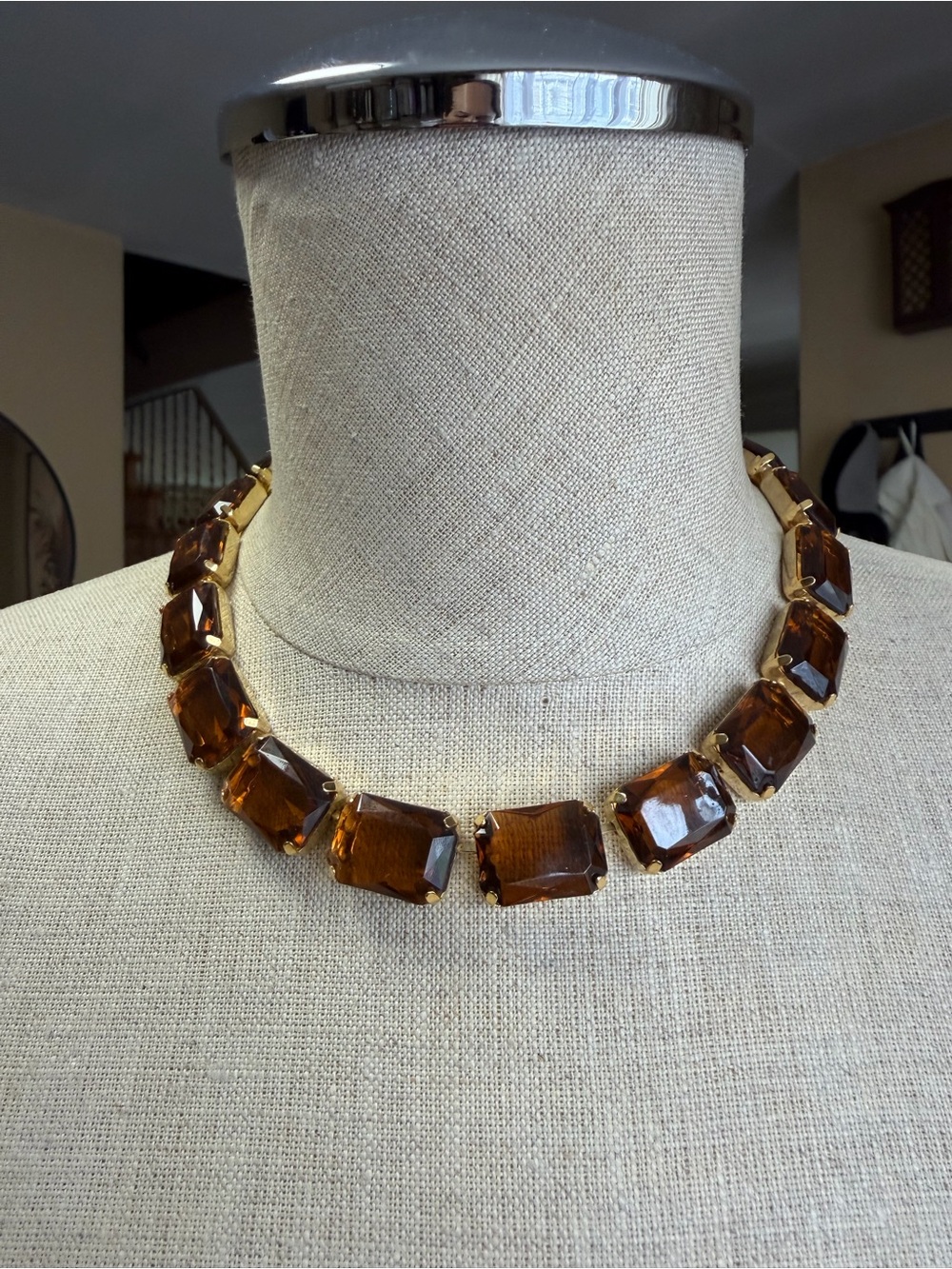 Vintage Amber Glass Chunky Statement Choker Necklace Gold Tone Geometric